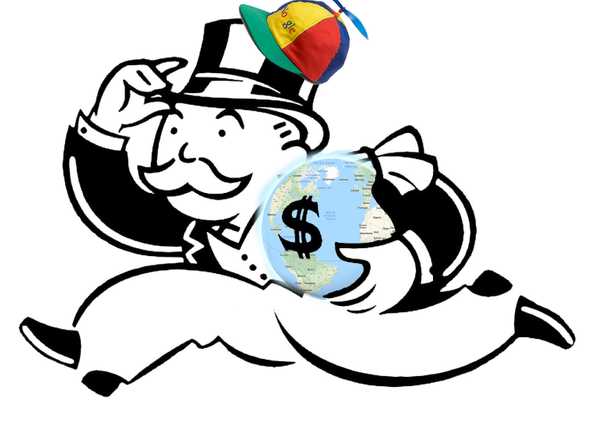Monopoly man with google hat carrying google maps globe